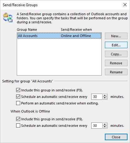 Edit in Send/Receive Groups dialog box Outlook 365