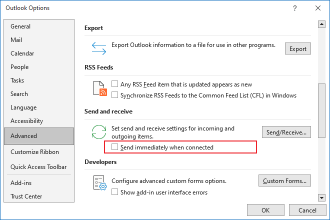 Send Immediately when connected in Outlook 365 Options
