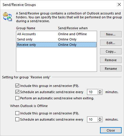 Send/Receive Groups dialog box in Outlook for Microsoft 365 Send/Receive Groups dialog box in Outlook 365