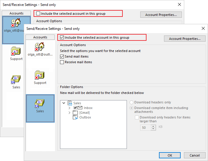 Include and exclude accounts in Send/Receive Groups dialog box Outlook 365