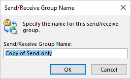 Send/Receive Group Name dialog box in Outlook for Microsoft 365 Send/Receive Group Name dialog box in Outlook 365