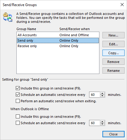 Copy in Send/Receive Groups dialog box Outlook 365