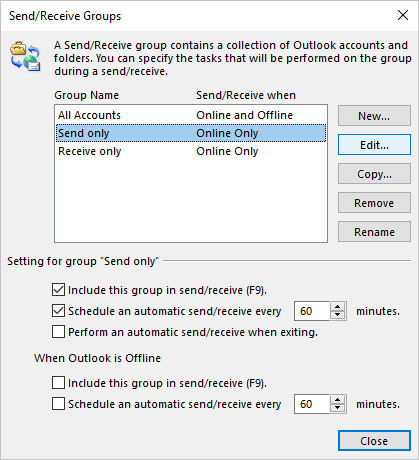 Edit in Send/Receive Groups dialog box Outlook 365