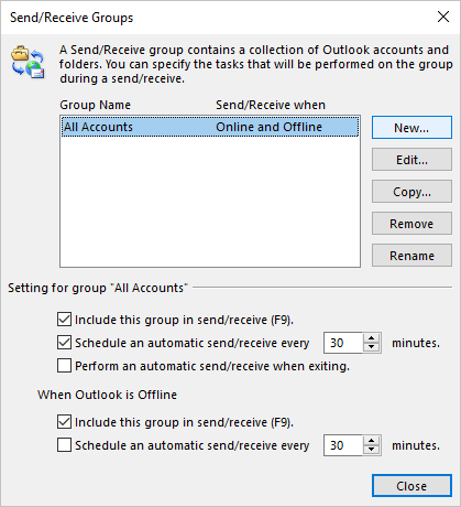 New in Send/Receive Groups dialog box Outlook 365