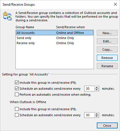 Remove in Send/Receive Groups dialog box Outlook 365