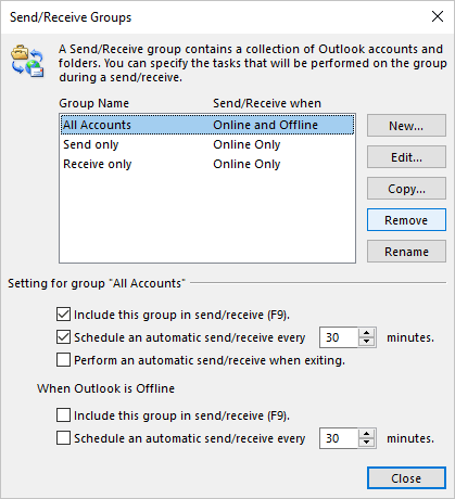 Remove in Send/Receive Groups dialog box Outlook for Microsoft 365 Remove in Send/Receive Groups dialog box Outlook 365