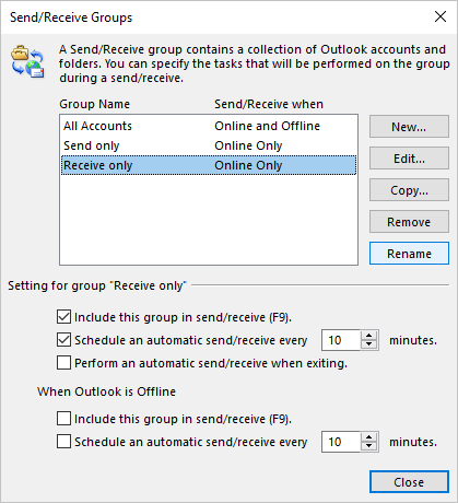 Rename in Send/Receive Groups dialog box Outlook 365