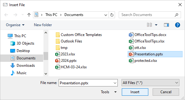 Insert File dialog box in Outlook 365