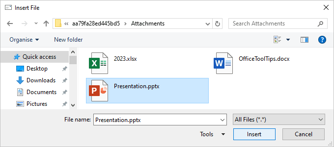 Insert File dialog box in Outlook 365