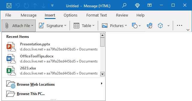 Recent Items list in Outlook 365