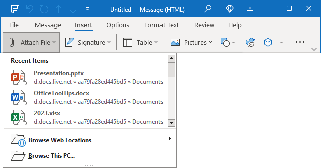 Recent Items list in Outlook for Windows 365 Recent Items list in Outlook 365