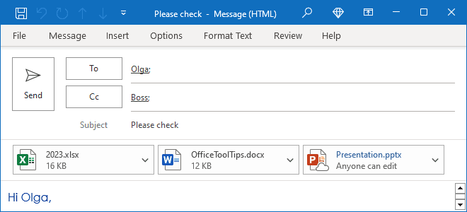 Attachments in HTML message Outlook 365