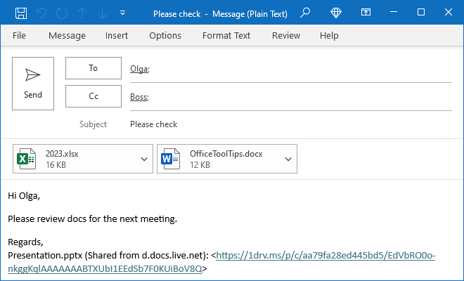 Attachments in Plain text message 2 Outlook 365
