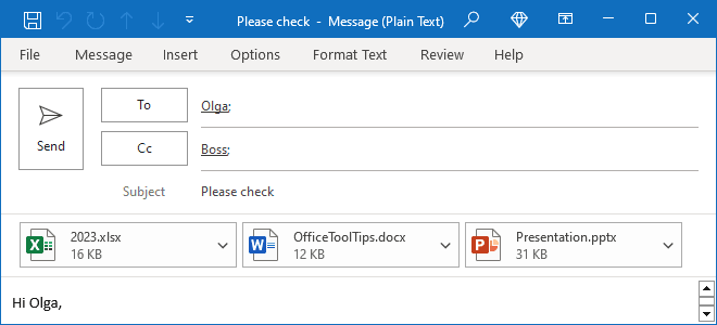 Attachments in Plain text message Outlook 365