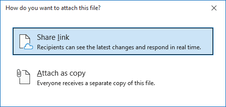 Share link or Attach as copy in Outlook 365