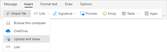 Upload and share in Attach file Outlook for Web