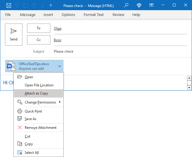 Attach as Copy in Outlook for Microsoft 365 message Attach as Copy in Outlook 365 message