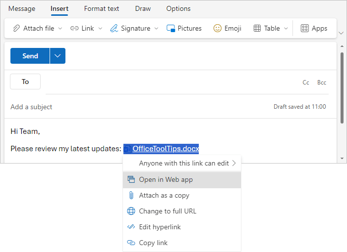 Open in Web app in popup menu Outlook for Web