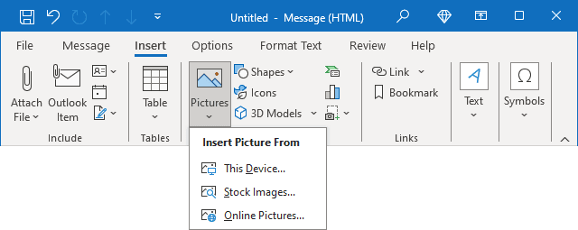 Pictures button in Classic ribbon Outlook 365