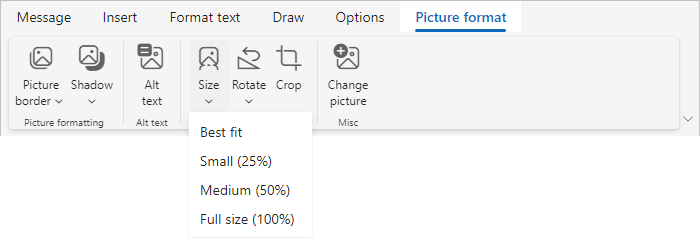 Picture format sizes in Classic ribbon Outlook for Web