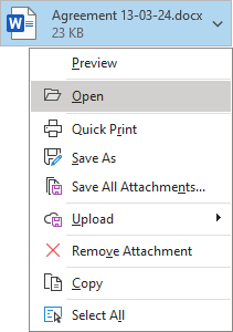 Open attachment in popup menu Outlook 365