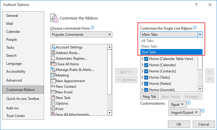 Customize the Single Line Ribbon in Outlook 365