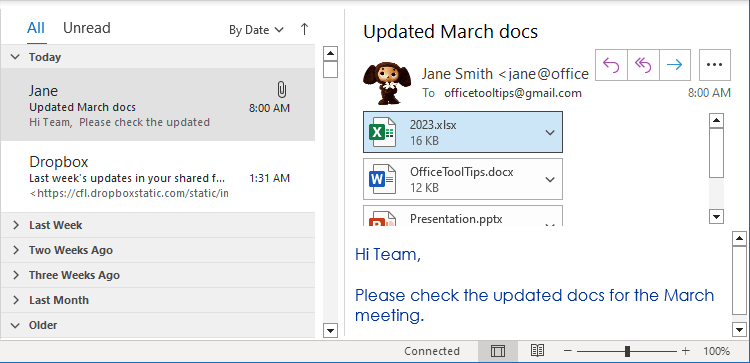 Attachments in received message Outlook 365