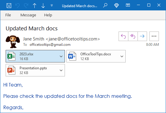 Attachments in opened message Outlook 365