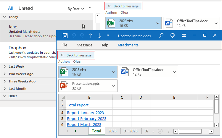 Back to message in opened message Outlook 365