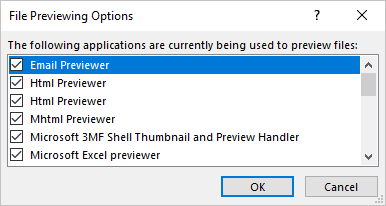 File Previewing Options dialog box in Outlook for Microsoft 365 File Previewing Options dialog box in Outlook 365