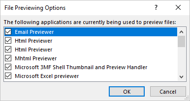 File Previewing Options dialog box in Outlook 365