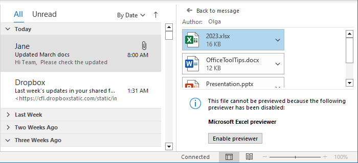 Enable previewer in received message Outlook 365