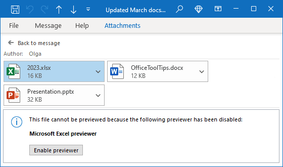 Enable previewer in opened message Outlook 365