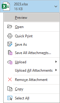 Preview attachment in popup menu Outlook 365