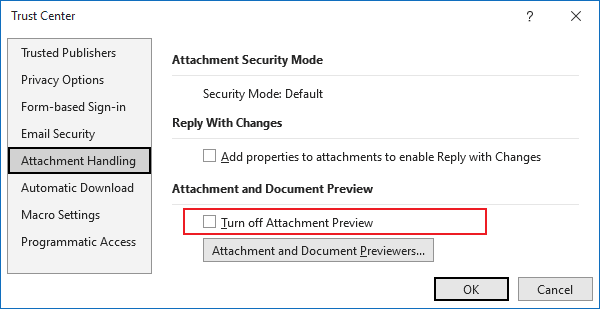 Turn off Attachment Preview in Outlook 365