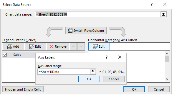 Axis Labels dialog box in Excel 365