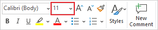 Font Size in Mini toolbar Word 365
