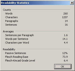 display readability statistics in Word 2003