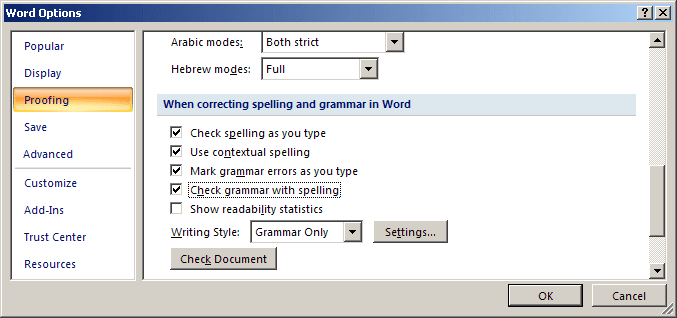 grammar options in Word 2007