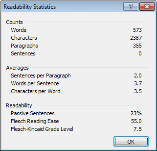 display readability statistics in Word 2007