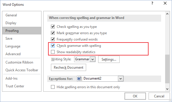 grammar options in Word 2016 grammar options in Word 2016