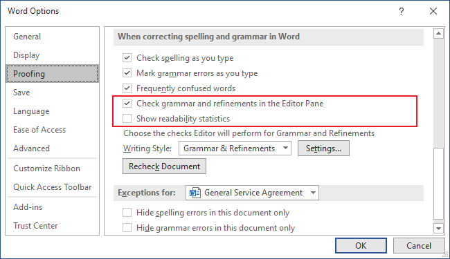 grammar options in Word 365