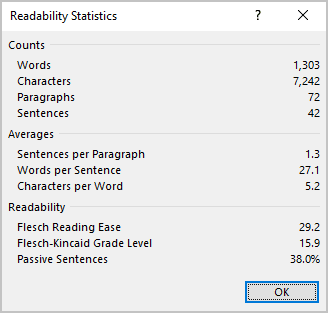 Readability statistics in Word 365