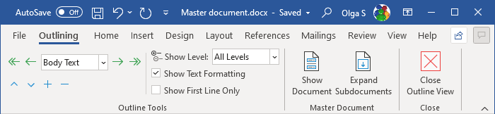 Outlining ribbon in Word 365