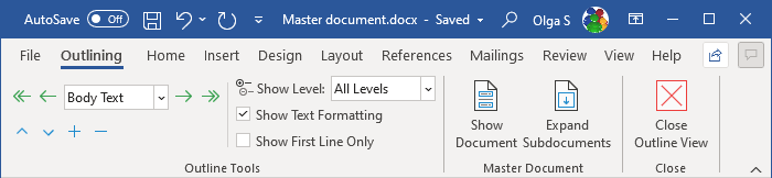 Outlining ribbon in Word for Microsoft 365 Outlining ribbon in Word 365