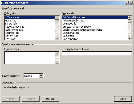 Customize Keyboard in Word 2007