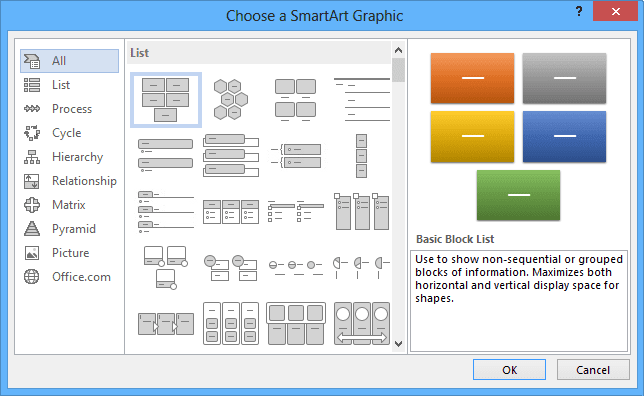 Choose a SmartArt Graphic in Word 2013