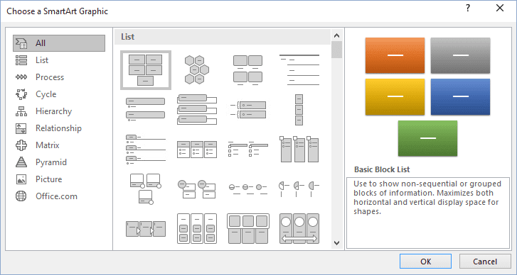 Choose a SmartArt Graphic in Word 2016