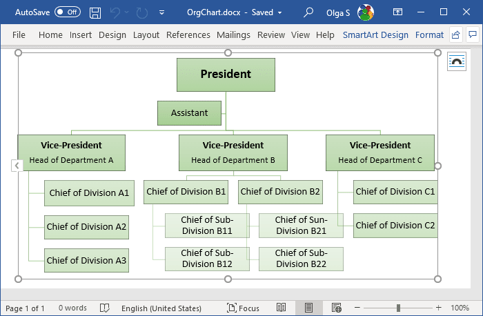 Organizational chart example in Word 365