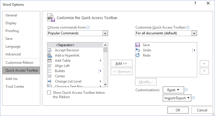 Word 2016 Options